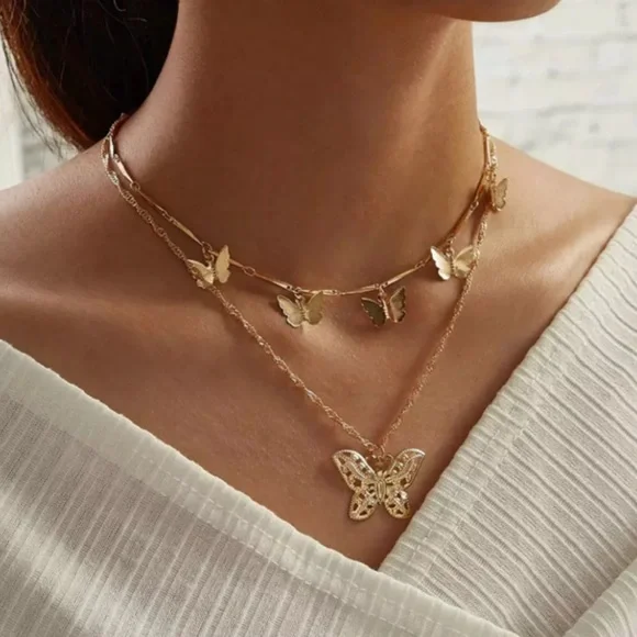 Boho Gold Multilayer Butterfly Necklace - Picture 1 of 13
